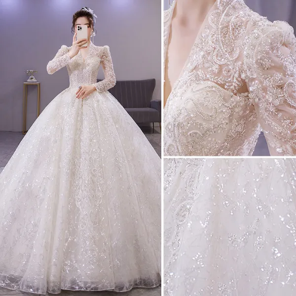 Luxury / Gorgeous Sparkly White Beading Pearl Rhinestone Sequins Wedding Dresses 2021 Ball Gown V-Neck Long Sleeve Backless Royal Train Wedding