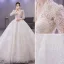 Luxury / Gorgeous Sparkly White Beading Pearl Rhinestone Sequins Wedding Dresses 2021 Ball Gown V-Neck Long Sleeve Backless Royal Train Wedding