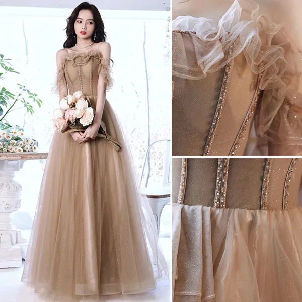 Charmant Kaki Perlage Glitter Robe De Bal 2021 Princesse Volants De l'épaule Manches Courtes Dos Nu Longue Robe De Ceremonie