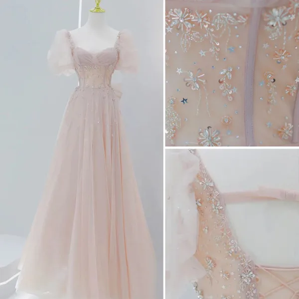 Élégant Rougissant Rose Robe De Bal 2021 Princesse Encolure Carrée Perlage Étoile Paillettes Gonflée Manches Courtes Dos Nu Noeud Longue Robe De Ceremonie