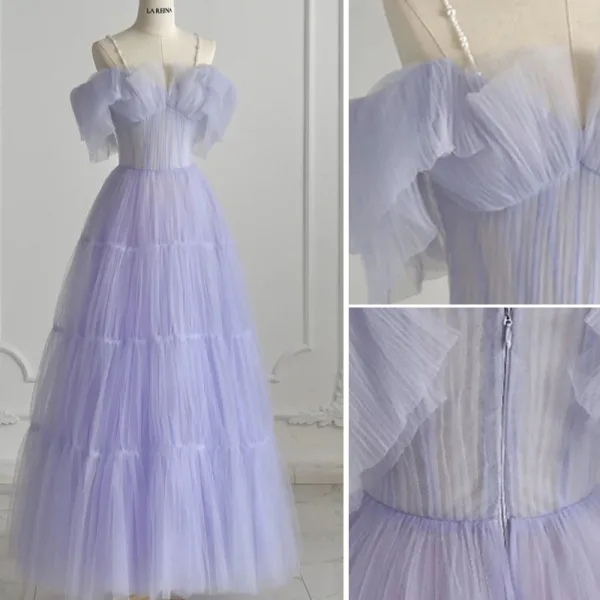 Elegant Lavender Pierced Prom Dresses 2021 A-Line / Princess Spaghetti Straps Short Sleeve Floor-Length / Long Formal Dresses