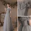 Elegant Grey Prom Dresses 2021 A-Line / Princess Ruffle Off-The-Shoulder Short Sleeve Backless Floor-Length / Long Formal Dresses