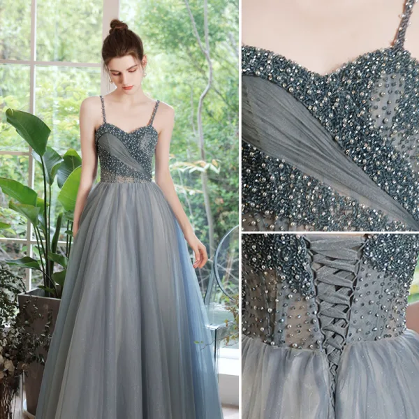 Élégant Océan Bleu Robe De Bal 2021 Princesse Bretelles Spaghetti Perlage Perle Paillettes Sans Manches Dos Nu Longue Robe De Ceremonie