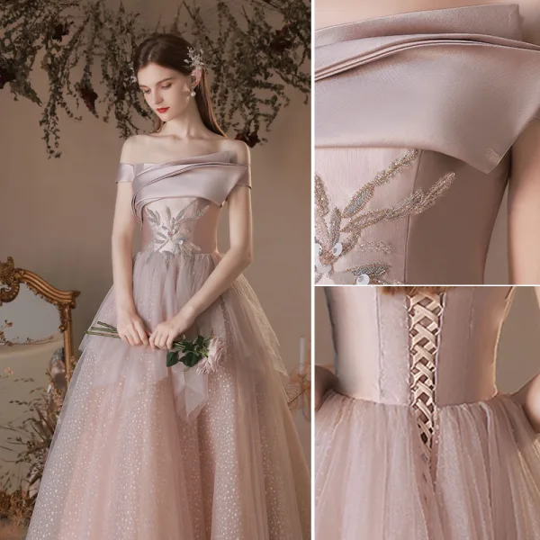 Élégant Rougissant Rose Perlage Paillettes Robe De Bal 2021 Princesse De l'épaule Sans Manches Dos Nu Longue Promo Robe De Ceremonie