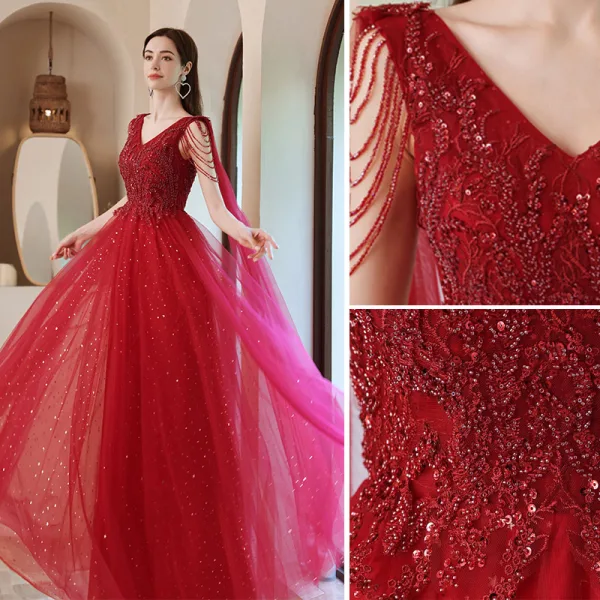 Charming Burgundy Beading Sequins Lace Prom Dresses 2021 A-Line / Princess V-Neck Sleeveless Backless Floor-Length / Long Formal Dresses