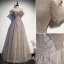 Elegant Grey Glitter Prom Dresses 2021 A-Line / Princess Off-The-Shoulder Beading Sequins Lace Flower Short Sleeve Backless Floor-Length / Long Formal Dresses