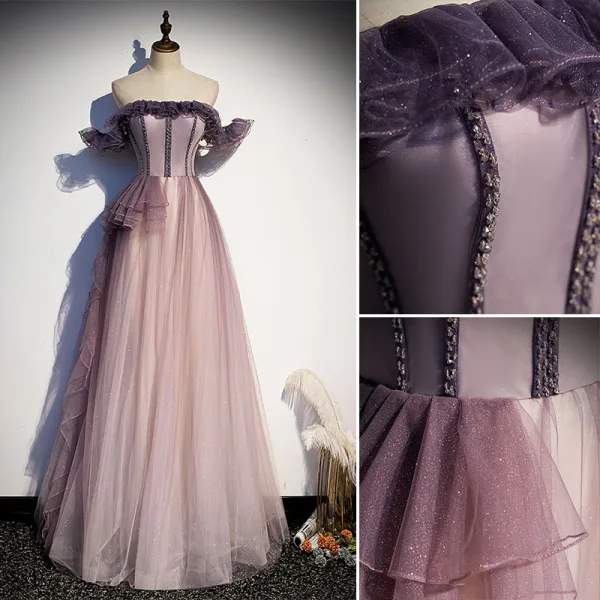 Mode Violet Glitter Robe De Bal 2021 Princesse Volants De l'épaule Perlage Manches Courtes Dos Nu Longue Robe De Ceremonie
