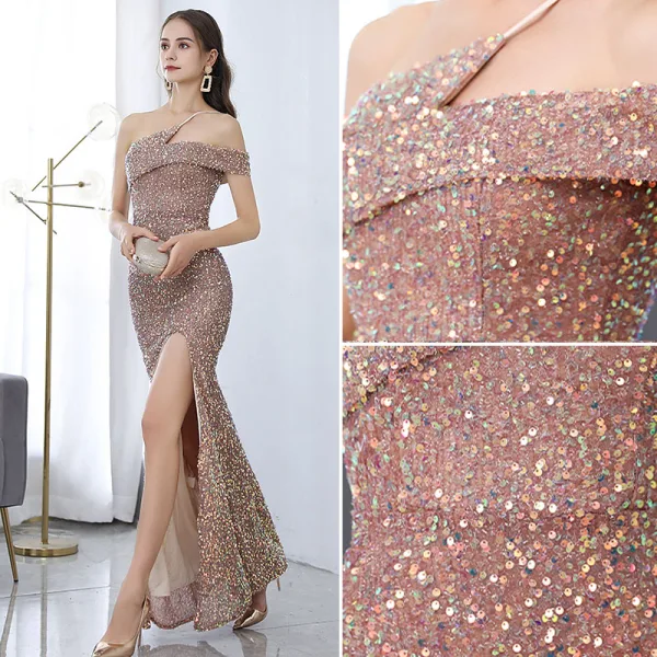 Sexy Champagne Glitter Paillettes Robe De Soirée 2021 Trompette / Sirène Une épaule Sans Manches Dos Nu Longue Robe De Ceremonie