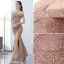 Sexy Champagne Glitter Paillettes Robe De Soirée 2021 Trompette / Sirène Une épaule Sans Manches Dos Nu Longue Robe De Ceremonie