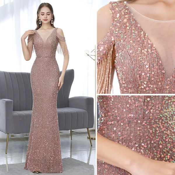 Sexy Champagne Evening Dresses 2021 Trumpet / Mermaid Scoop Neck Beading Tassel Sequins Sleeveless Backless Floor-Length / Long Formal Dresses