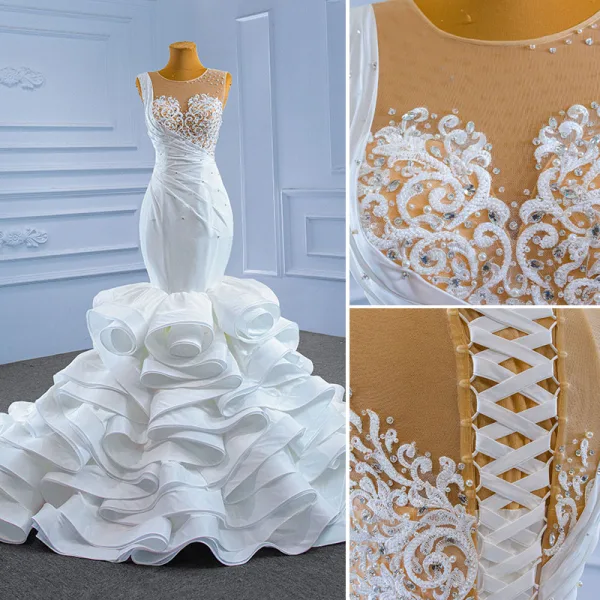 Luxury / Gorgeous White Cascading Ruffles Wedding Dresses 2021 Trumpet / Mermaid Scoop Neck Beading Sequins Rhinestone Lace Flower Sleeveless Backless Royal Train Wedding