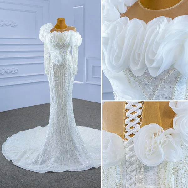 Luxury / Gorgeous Charming White Beading Pearl Sequins Wedding Dresses 2021 Trumpet / Mermaid Ruffle Scoop Neck Long Sleeve Backless Chapel Train Wedding