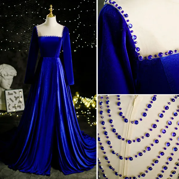 Elegant Royal Blue Suede Velour Prom Dresses 2021 A-Line Princess Square Neckline Long