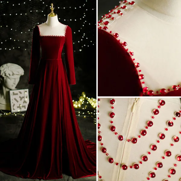 Elegant Burgundy Suede Velour Prom Dresses 2021 A-Line / Princess Square Neckline Beading Long Sleeve Sweep Train Formal Dresses