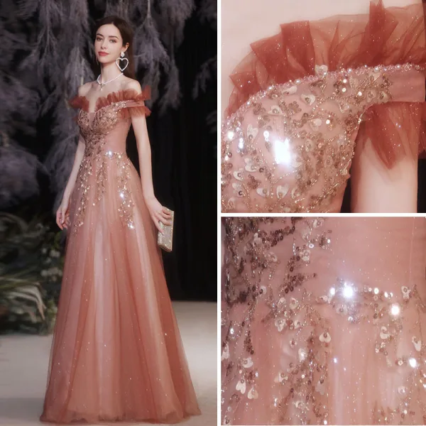 Charmant Watermelon Rouge Robe De Bal 2021 Princesse De l'épaule Perlage Paillettes Manches Courtes Dos Nu Longue Robe De Ceremonie
