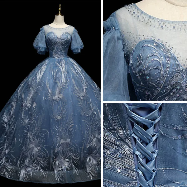 Chic / Belle Bleu Perlage En Dentelle Paillettes Robe De Bal 2021 Robe Boule Encolure Dégagée Manches Courtes Dos Nu Longue Robe De Ceremonie