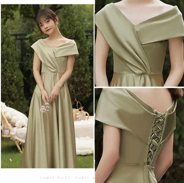 Modest / Simple Olive Green Satin Bridesmaid Dresses 2021 A-Line / Princess Short Sleeve Backless Floor-Length / Long Wedding Party Dresses