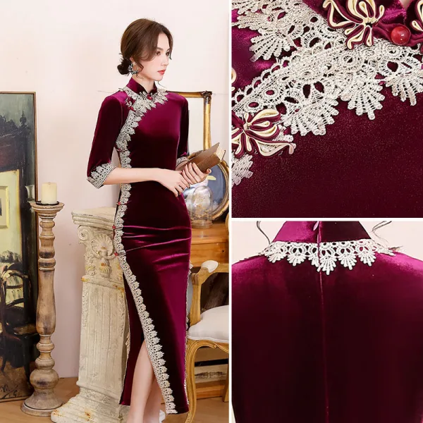 Chinese style Burgundy Suede Velour Cheongsam Evening Dresses 2021 Trumpet / Mermaid High Neck 1/2 Sleeves Lace Flower Split Front Tea-length Formal Dresses