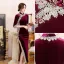 Chinese style Burgundy Suede Velour Cheongsam Evening Dresses 2021 Trumpet / Mermaid High Neck 1/2 Sleeves Lace Flower Split Front Tea-length Formal Dresses