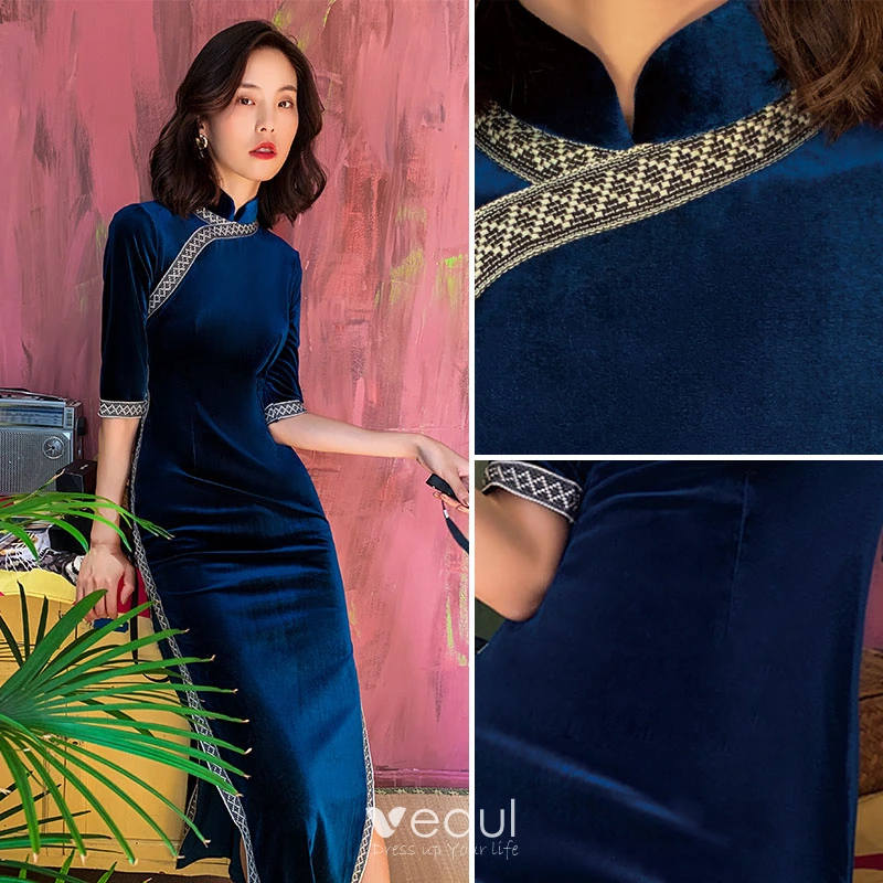 Women royal blue velvet Chinese dresses Cheongsam long sleeve