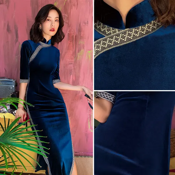 Veaul Vintage Retro Chinese Style Navy Blue Cheongsam Evening Dresses 2021 Trumpet Mermaid 1 2