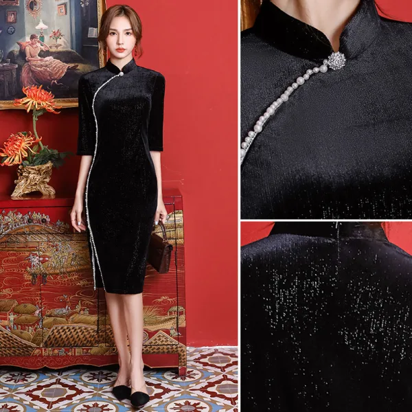 Chinese style Black Velour Evening Dresses Cheongsam 2021 Trumpet / Mermaid High Neck Beading Pearl 1/2 Sleeves Split Front Tea-length Formal Dresses