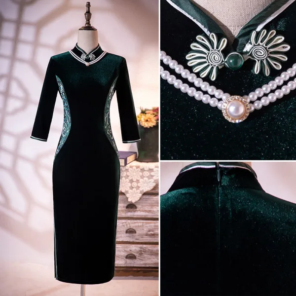 Vintage / Retro Dark Green Velour Embroidered Cheongsam Evening Dresses 2021 Trumpet / Mermaid Suede High Neck 1/2 Sleeves Split Front Tea-length Formal Dresses