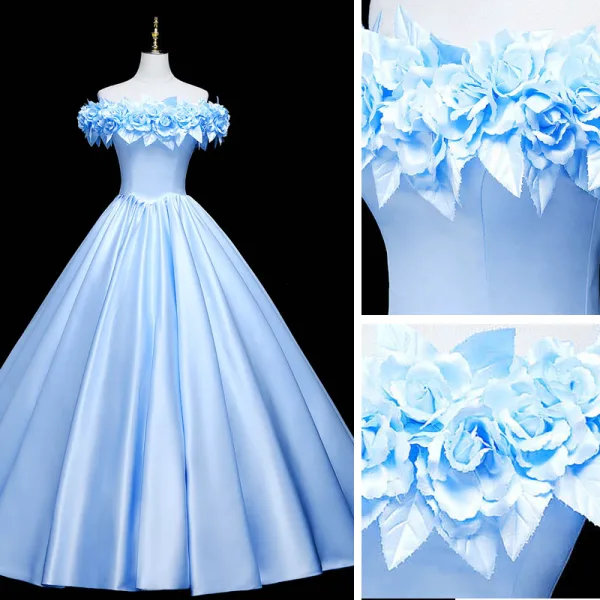 Elegant Sky Blue Flower Prom Dresses 2021 Ball Gown Satin Off-The-Shoulder Sleeveless Backless Floor-Length / Long Formal Dresses