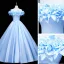 Elegant Sky Blue Flower Prom Dresses 2021 Ball Gown Satin Off-The-Shoulder Sleeveless Backless Floor-Length / Long Formal Dresses