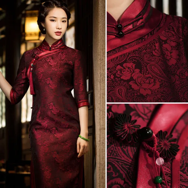 High-end Burgundy Silk Floral Cheongsam Evening Dresses 2021 Trumpet / Mermaid High Neck 1/2 Sleeves Evening Party Tea-length Formal Dresses