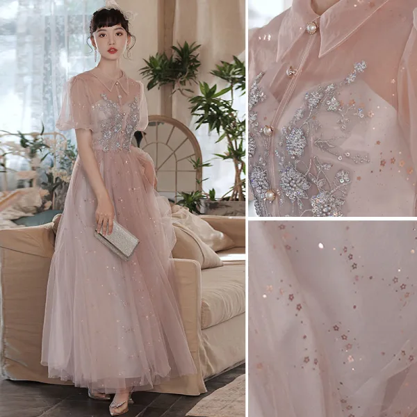 Fashion Blushing Pink Bridesmaid Dresses 2021 A-Line / Princess Beading Pearl Sequins Lace Flower Short Sleeve Backless Floor-Length / Long Wedding Party Dresses