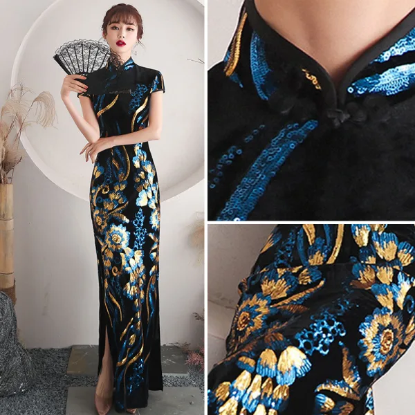 Style Chinois Bleu Marine Paillettes Robe De Soirée Cheongsam 2021 Trompette / Sirène Velour Col Haut Manches Courtes Thé Longueur Robe De Ceremonie