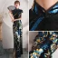 Style Chinois Bleu Marine Paillettes Robe De Soirée Cheongsam 2021 Trompette / Sirène Velour Col Haut Manches Courtes Thé Longueur Robe De Ceremonie