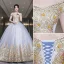 Elegant Silver Grey Prom Dresses 2022 Ball Gown Off-The-Shoulder Beading Pearl Sequins Lace Flower Short Sleeve Backless Floor-Length / Long Formal Dresses