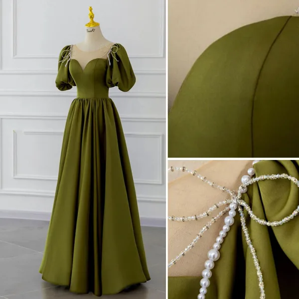 Modest / Simple Olive Green Beading Bow Prom Dresses 2022 A-Line / Princess Scoop Neck Short Sleeve Backless Floor-Length / Long Formal Dresses