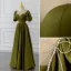 Modest / Simple Olive Green Beading Bow Prom Dresses 2022 A-Line / Princess Scoop Neck Short Sleeve Backless Floor-Length / Long Formal Dresses