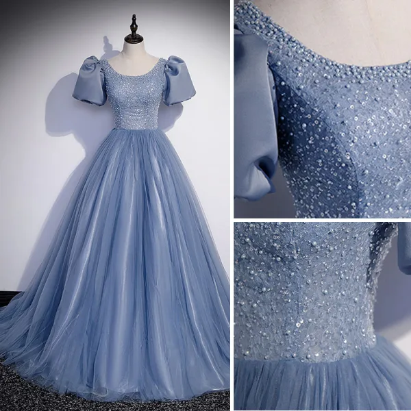 Élégant Bleu Ciel Robe De Bal 2022 Princesse Encolure Dégagée Perlage Perle Paillettes Gonflée Manches Courtes Dos Nu Longue Robe De Ceremonie