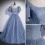 Élégant Bleu Ciel Robe De Bal 2022 Princesse Encolure Dégagée Perlage Perle Paillettes Gonflée Manches Courtes Dos Nu Longue Robe De Ceremonie