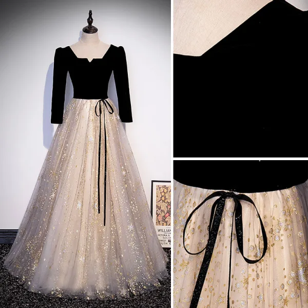 Élégant Noire Robe De Bal 2022 Princesse Encolure Carrée Étoile Paillettes Ceinture Noeud 3/4 Manches Longue Robe De Ceremonie