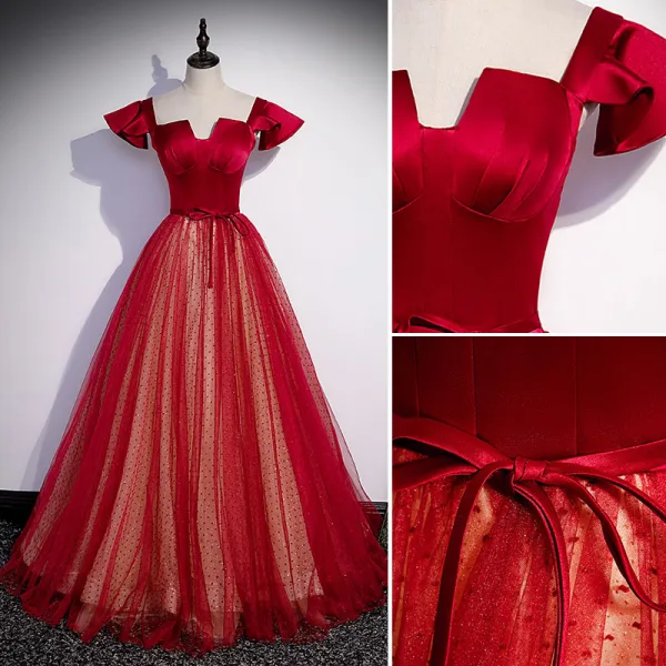 Elegante Rot Geflecktes Glanz Ballkleider 2022 A Linie Eckiger Ausschnitt Stoffgürtel Schleife Kurze Ärmel Rückenfreies Lange Festliche Kleider