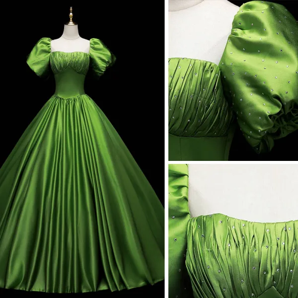 Vintage / Retro Ball Gown Green Satin Prom Dresses 2021 Square Neckline Short Sleeve Backless Floor-Length / Long Formal Dresses