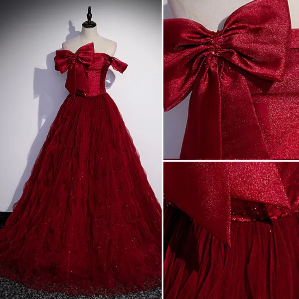 Charming Burgundy Cascading Ruffles Prom Dresses 2022 A-Line / Princess Bow Off-The-Shoulder Short Sleeve Backless Floor-Length / Long Formal Dresses