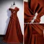 Elegant Coffee Satin Prom Dresses 2022 A-Line / Princess Off-The-Shoulder Bow Short Sleeve Backless Floor-Length / Long Formal Dresses