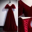 Elegant Burgundy Velour Prom Dresses 2022 A-Line / Princess Suede V-Neck Short Sleeve Backless Floor-Length / Long Formal Dresses