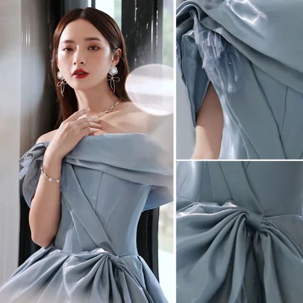 Elegant Sky Blue Satin Prom Dresses 2022 A-Line / Princess Off-The-Shoulder Short Sleeve Bow Backless Sweep Train Formal Dresses