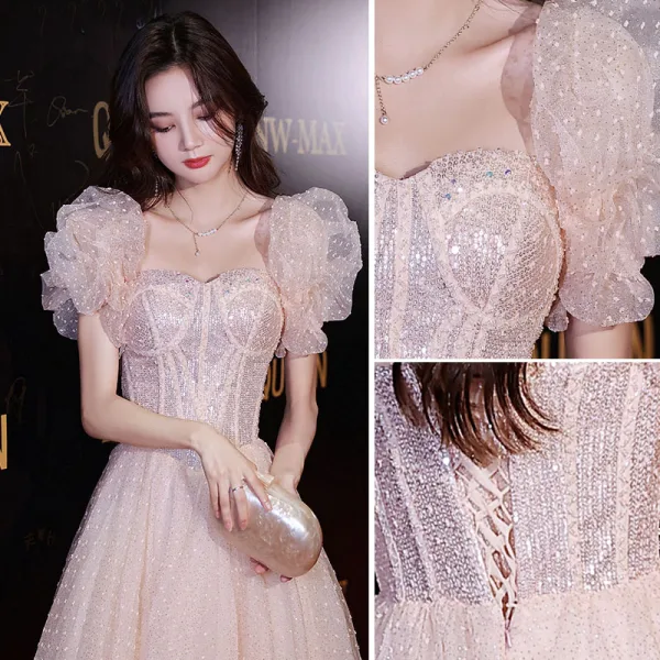 Charmant Rougissant Rose Glitter Perlage Paillettes Robe De Bal 2022 Princesse Encolure Carrée Gonflée Manches Courtes Dos Nu Longue Robe De Ceremonie