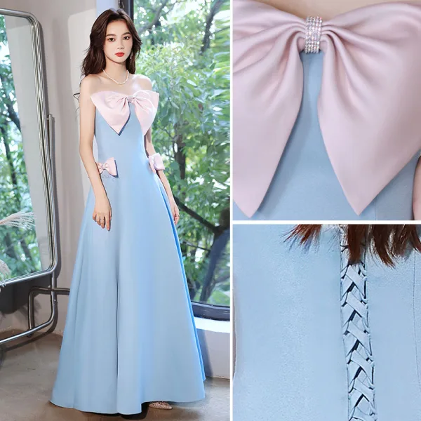 Lovely Sky Blue Rhinestone Bow Prom Dresses 2022 Satin A-Line / Princess Strapless Sleeveless Backless Floor-Length / Long Prom Formal Dresses