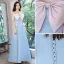 Lovely Sky Blue Rhinestone Bow Prom Dresses 2022 Satin A-Line / Princess Strapless Sleeveless Backless Floor-Length / Long Prom Formal Dresses