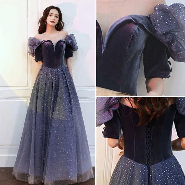 Fashion Navy Blue Suede Rhinestone Prom Dresses 2022 A-Line / Princess Scoop Neck Short Sleeve Backless Floor-Length / Long Formal Dresses