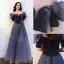 Fashion Navy Blue Suede Rhinestone Prom Dresses 2022 A-Line / Princess Scoop Neck Short Sleeve Backless Floor-Length / Long Formal Dresses